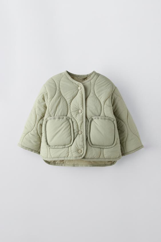 ZARA СТЕГАНАЯ КУРТКА, СВЕТЛО-ЗЕЛЕНЫЙ