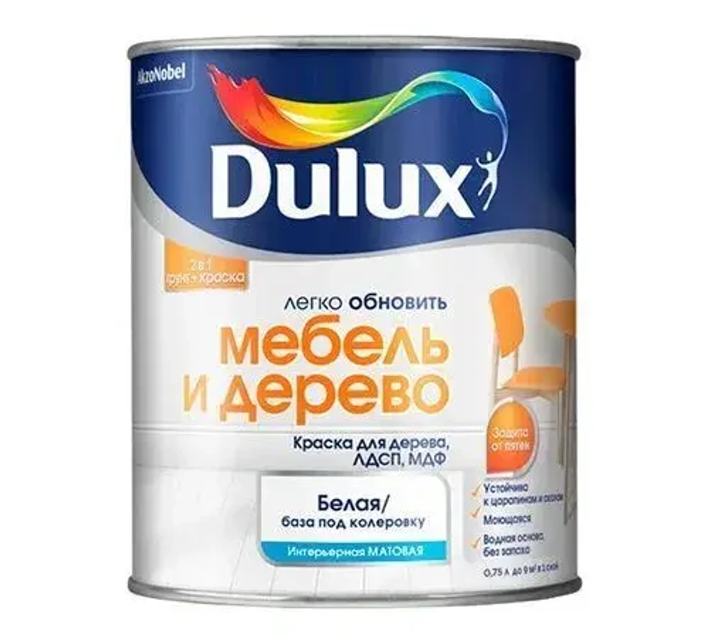 Краска Dulux мебель и дерево BW матовая 0,75 л Белый цвет
