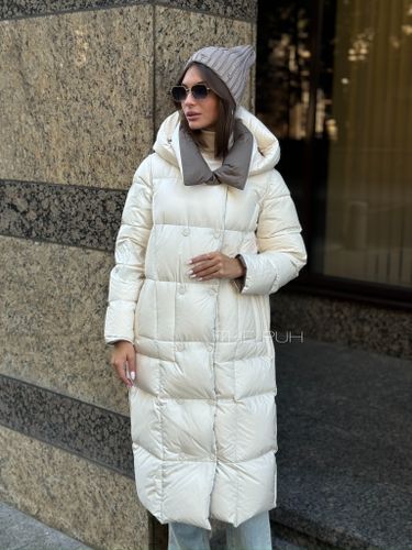 Длинный двусторонний коричнево-белый пуховик