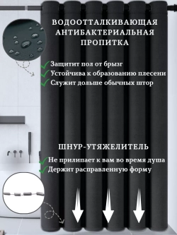 Штора для ванной тканевая черная на люверсах