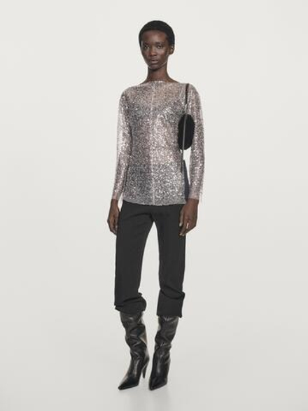 Massimo Dutti Блуза с пайетками и драпированным вырезом, серебряный