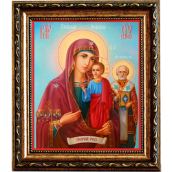 Оковецкая (Ржевская) икона Божьей Матери на льняном холсте в раме.