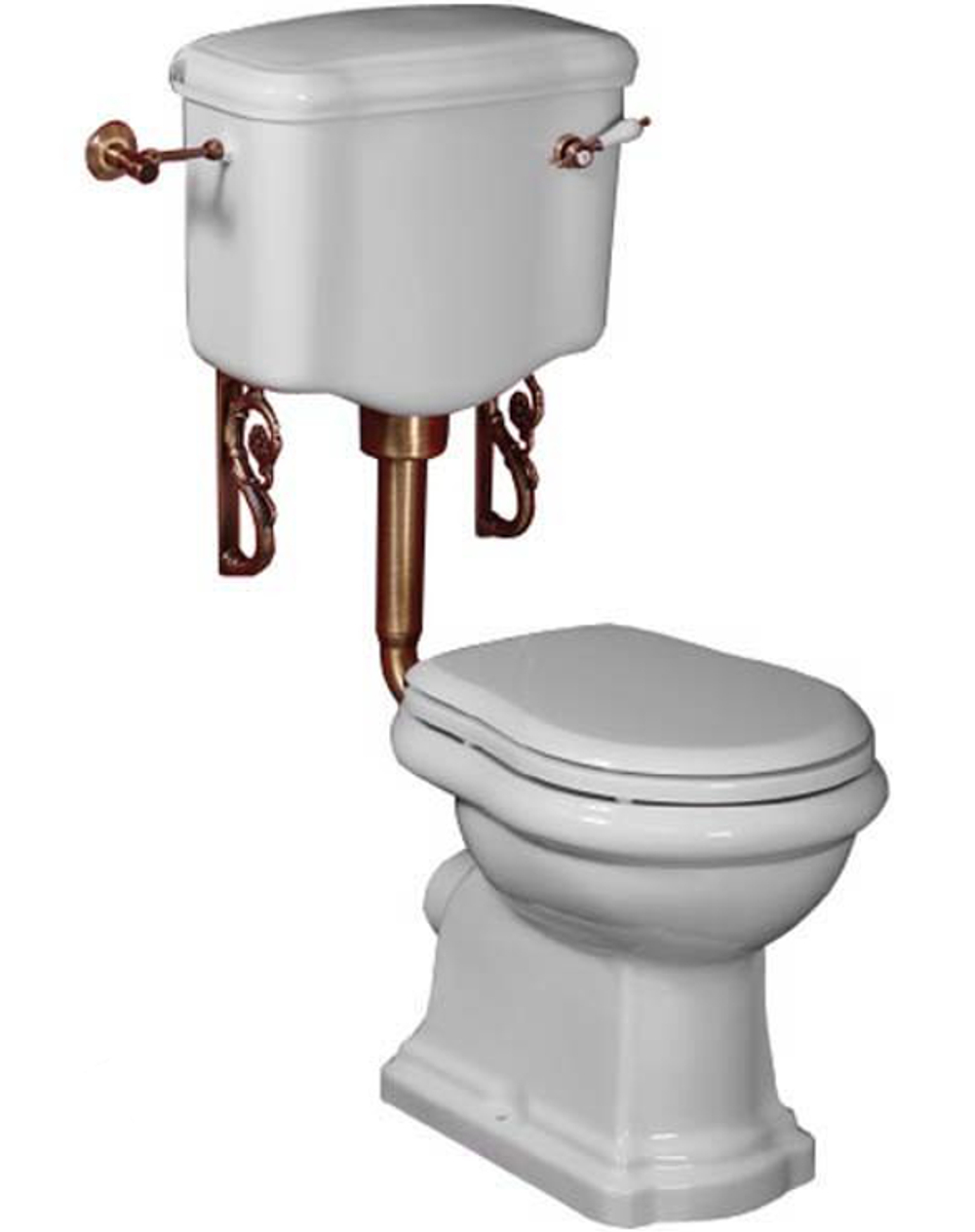 Унитаз напольный слив в пол  Migliore Bella средний бачок, фронтальная ручка смыва, труба бронза