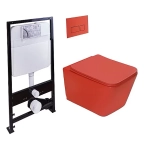Унитаз подвесной с инсталляцией SantiLine SL-5007T-MR+SL-01/MR красный матовый/кнопка красная матовая, безободковый, с крышкой микролифт, слив торнадо