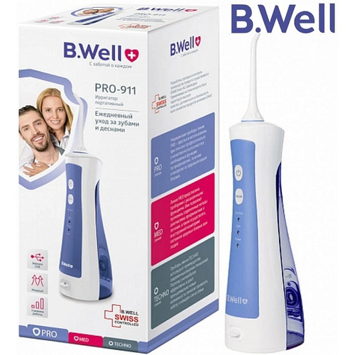 Ирригатор B.Well PRO-911 для полости рта, импульсный, портативный, белый/голубой
