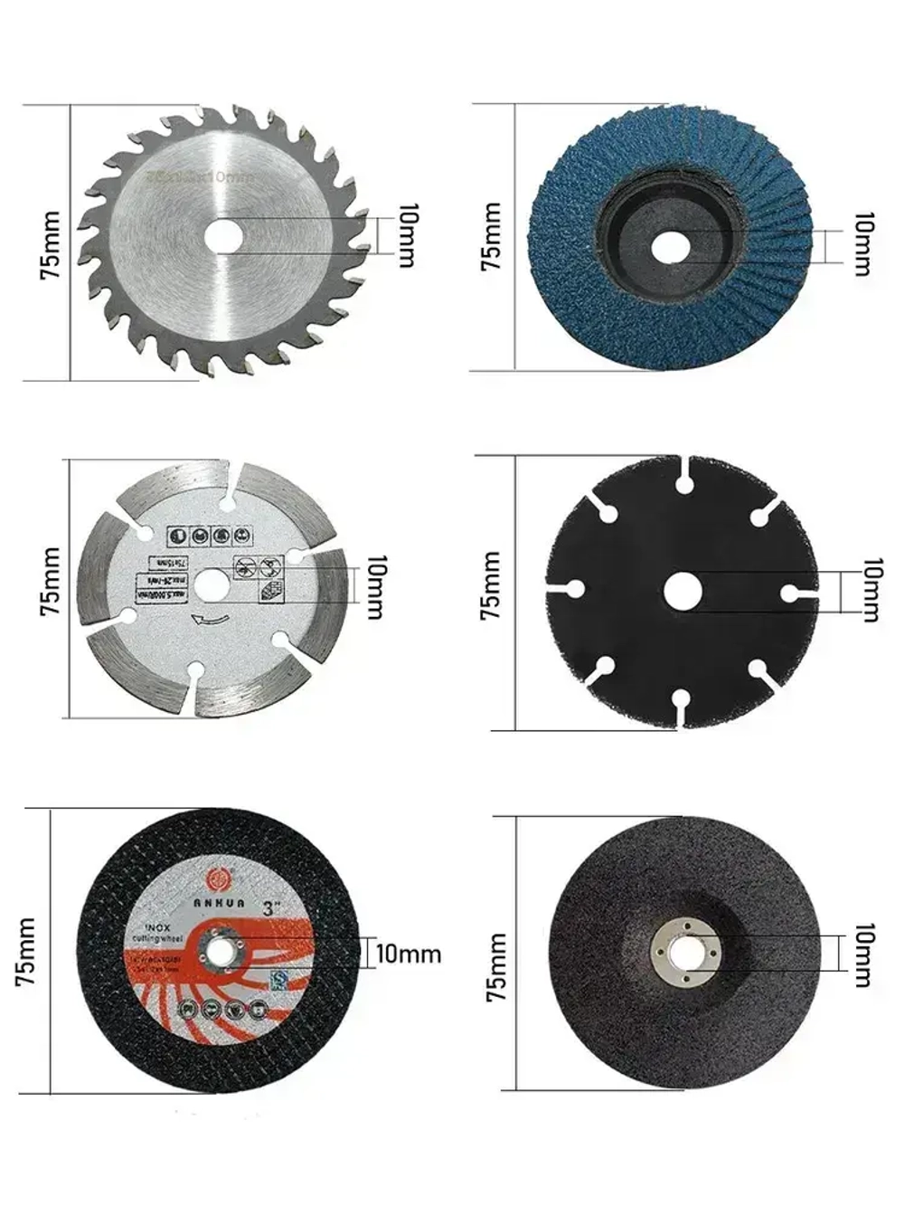 6шт, Круги набор для УШМ 75х10мм/Набор дисков для мини УШМ,диск пильный, шлифовальный