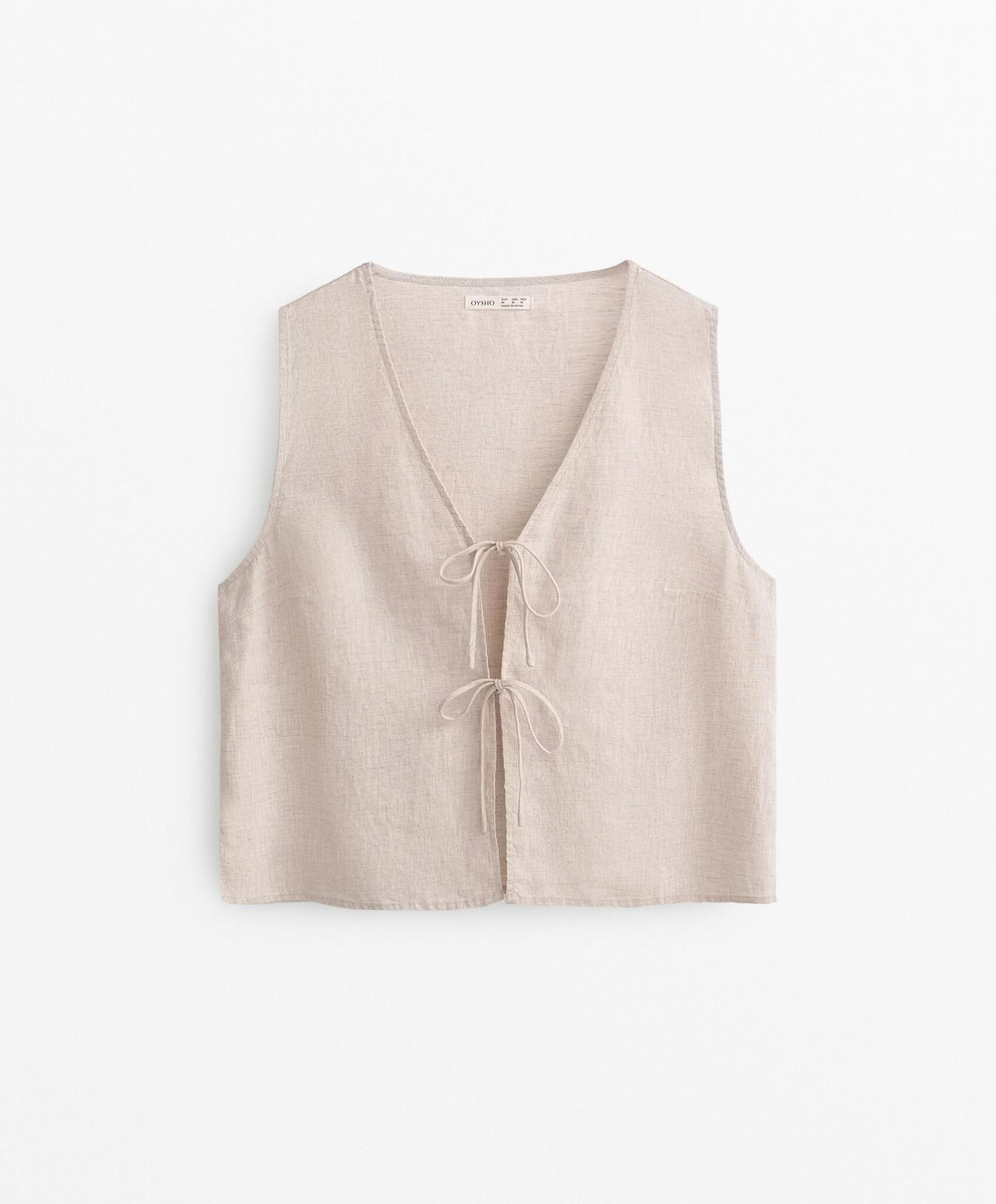 Oysho Топ с завязками из 100% льна, песочный меланж