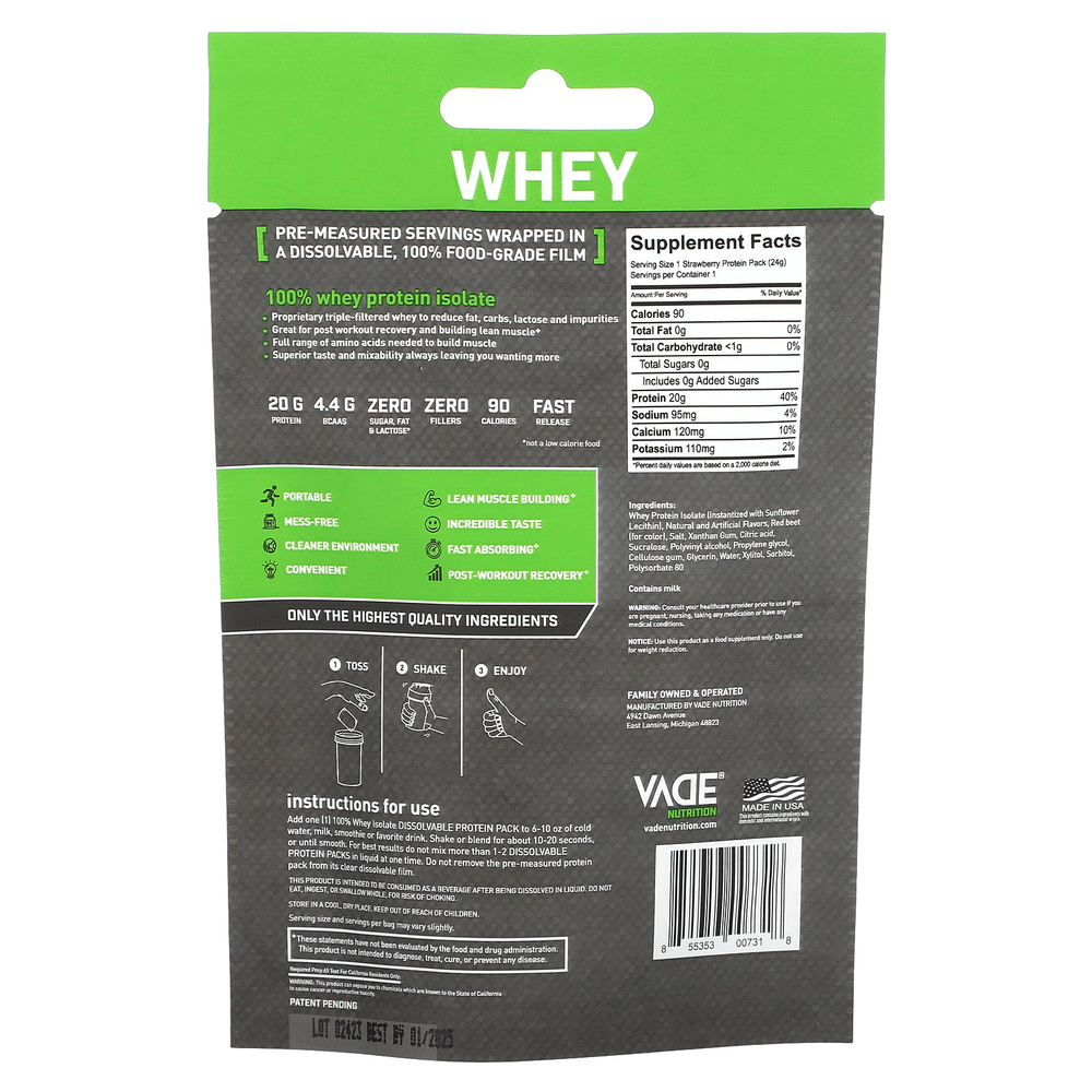 Vade Nutrition, Пакетики с растворимым протеином, 100% изолят сыворотки, клубничный молочный коктейль, 24 г (0,05 фунта)