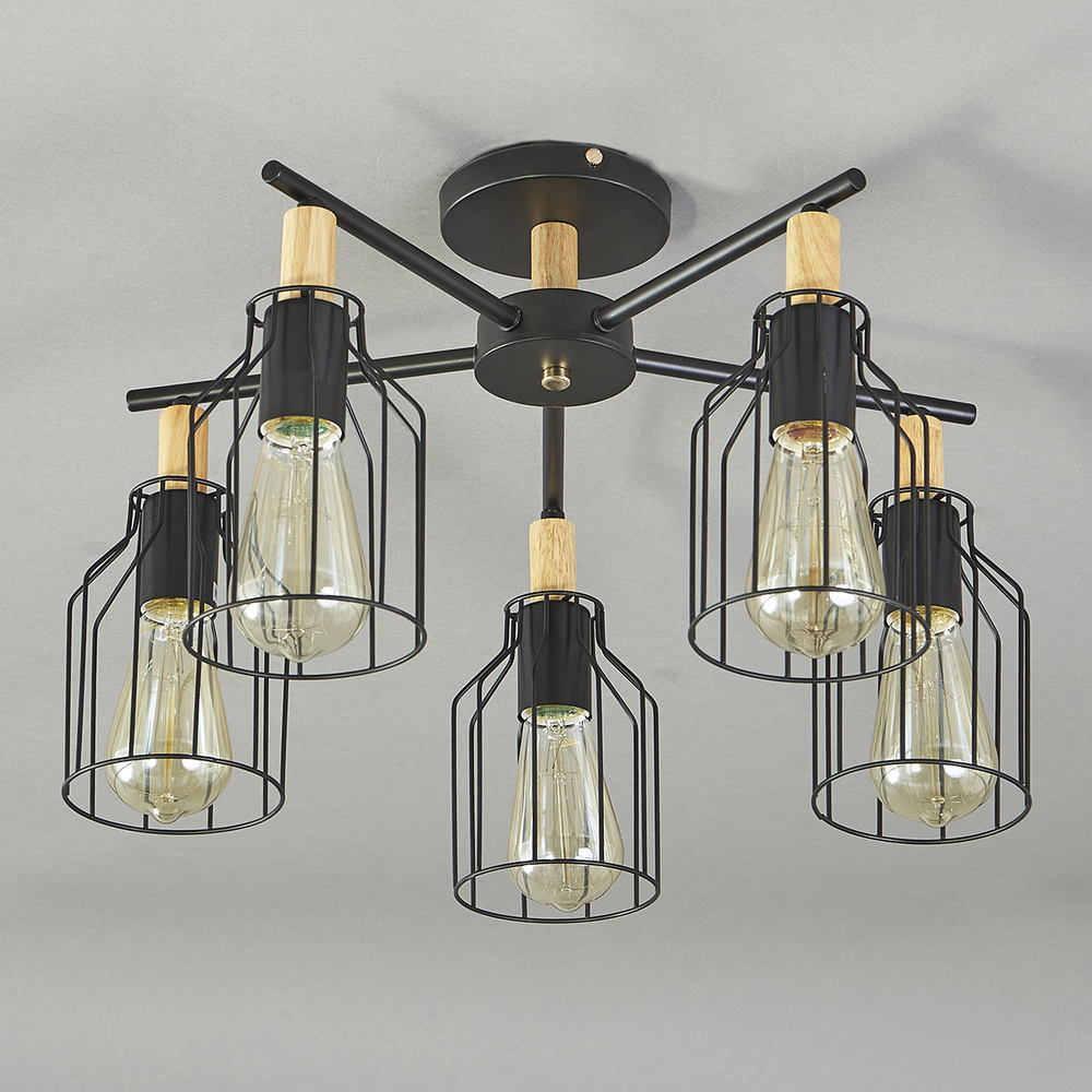 Потолочный светильник 5х60Вт Е27, металл/дерево, чёрный