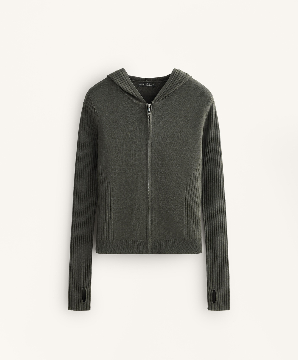 Oysho Вязаный кардиган с капюшоном облегающего кроя, зеленый