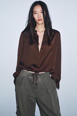 ZARA АТЛАСНАЯ РУБАШКА ZW WOMAN, КОРИЧНЕВЫЙ