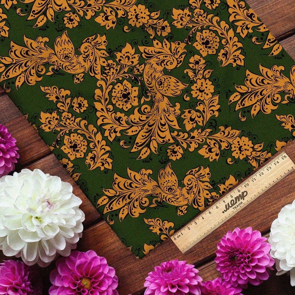 Ткань флис золотистая роспись с цветами