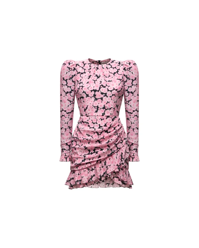 Шарлотта мини (Charlotte mini), Платье мини из крепдешина черный с розовыми средними цветами