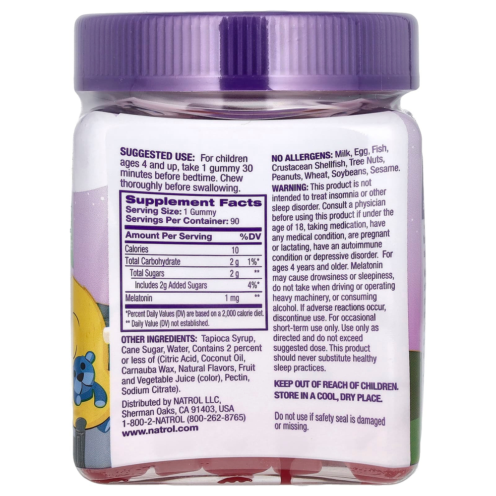 Natrol, Kids, жевательная добавка с мелатонином, для детей от 4 лет, с малиновым вкусом, 1 мг, 90 жевательных таблеток