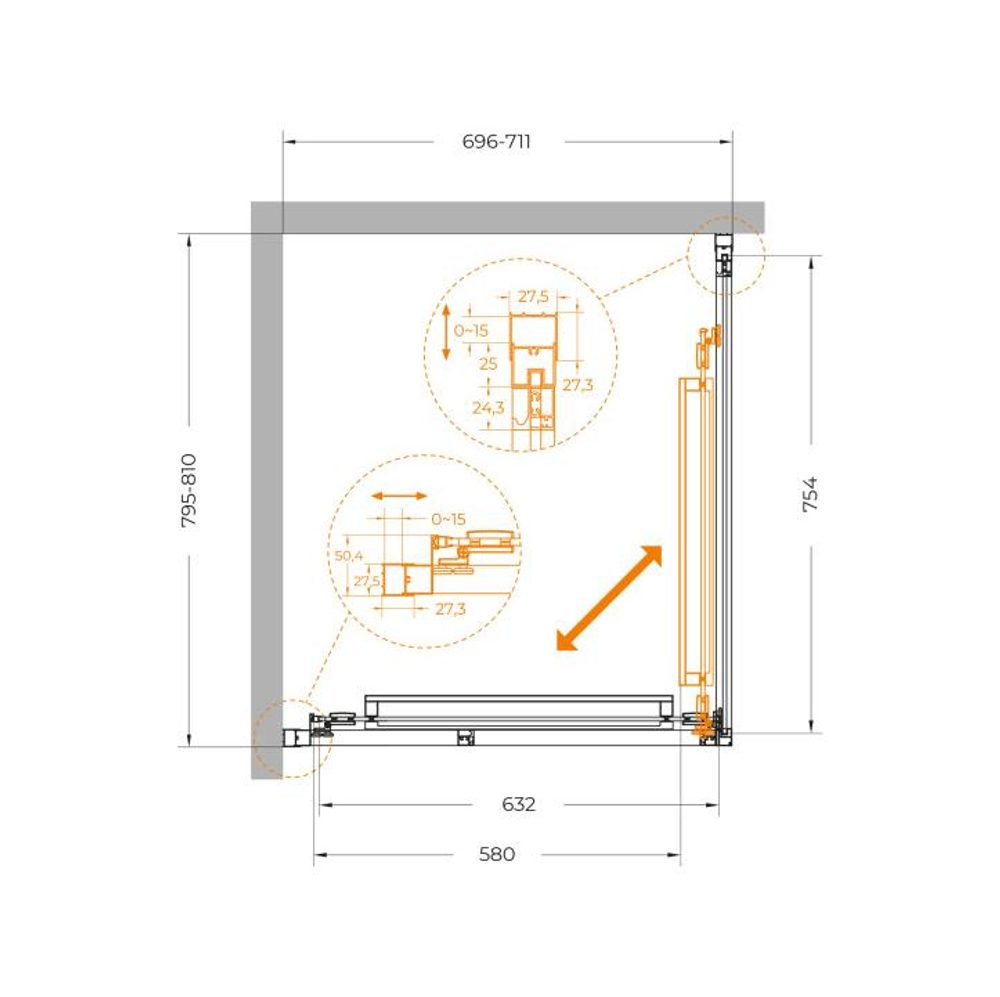 Душевой уголок Cezares LUX-AH-FS-1-70/80-C-GM, 70х80х195, профиль оружейная сталь, стекло прозрачное