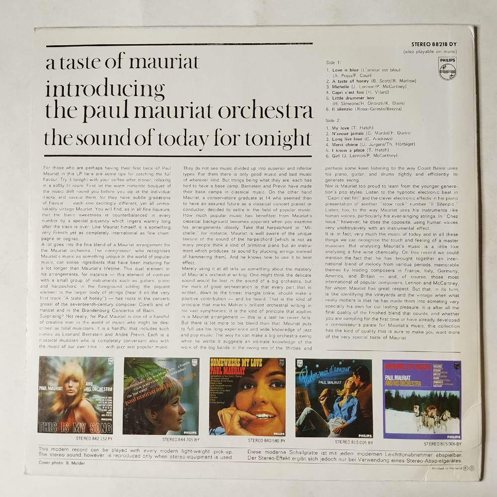 Винтажная виниловая пластинка LP The Paul Mauriat Orchestra Поль Мориа A Taste Of Mauriat (Holland 1975)