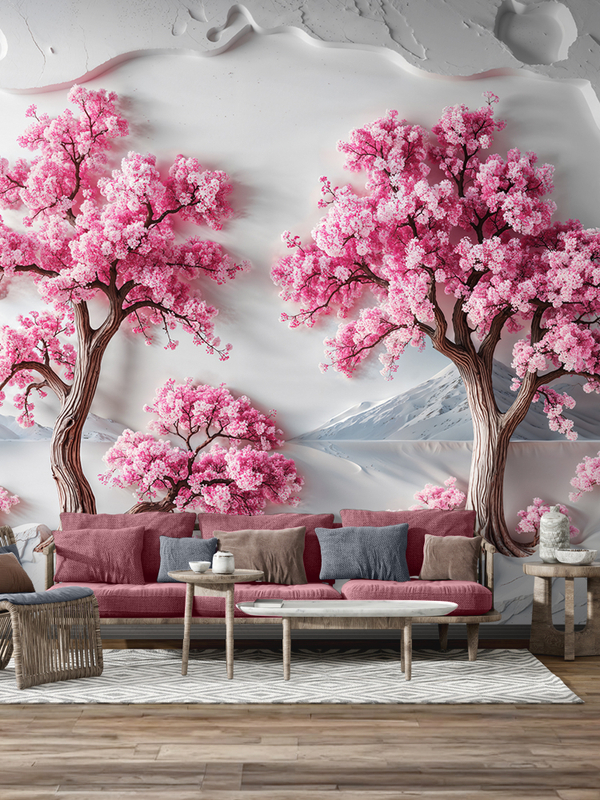 3D Фотообои розовые деревья и природный барельеф