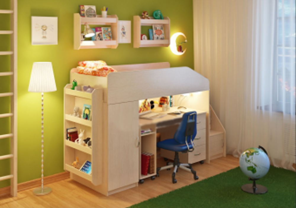 Кровать-чердак КарИВи Легенда 11.4 с полками  Дуб Молочный  Дуб Молочный