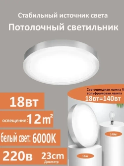 Настенно-потолочный светильник с серебряной рамкой, 18 Вт, 5000 К, для ванных комнат и кухонь площадью 10 м2