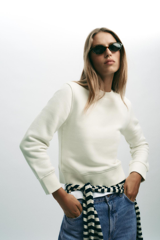 ZARA БАЗОВАЯ ХЛОПКОВАЯ ТОЛСТОВКА, ЭКРЮ