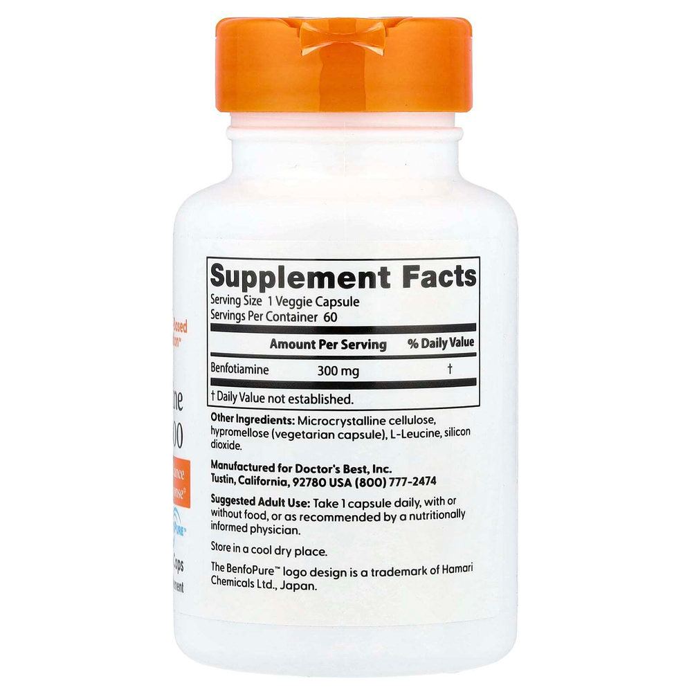 Doctor's Best, бенфотиамин 300 с BenfoPure™, 300 мг, 60 растительных капсул