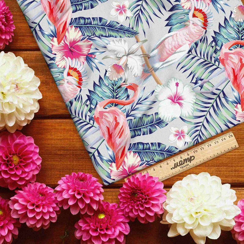 Ткань флис какаду и фламинго