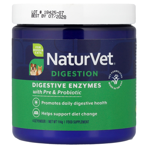NaturVet, пищеварительные ферменты с пребиотиками и пробиотиками, для собак и кошек, 114 г (4 унции)