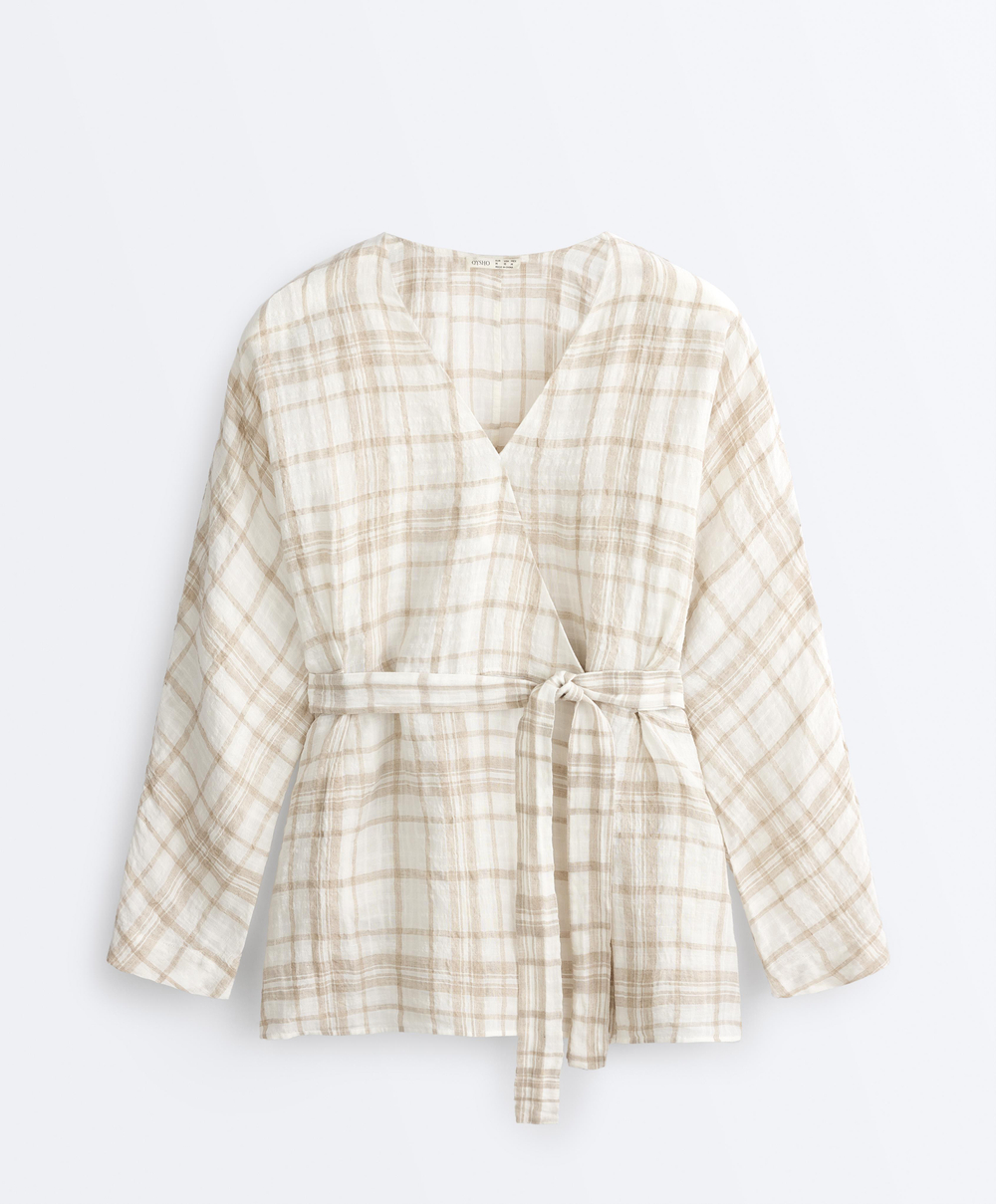 Oysho Рубашка-кимоно в клетку, экрю