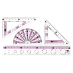 Линейка Basir пластиковая, набор 4 шт, серия "Цветные вставки", 4 предмета: линейка с трафаретом 20 см, транспортир и два угольника