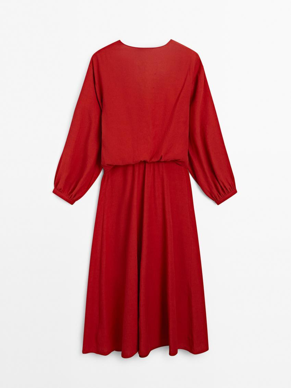 Massimo Dutti Платье миди с узлом на вырезе, красный