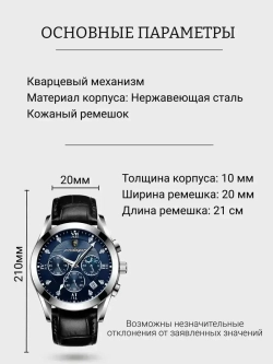 Часы наручные кварцевые POEDAGAR на кожаном ремешке, серебристый/черный W9022200-06