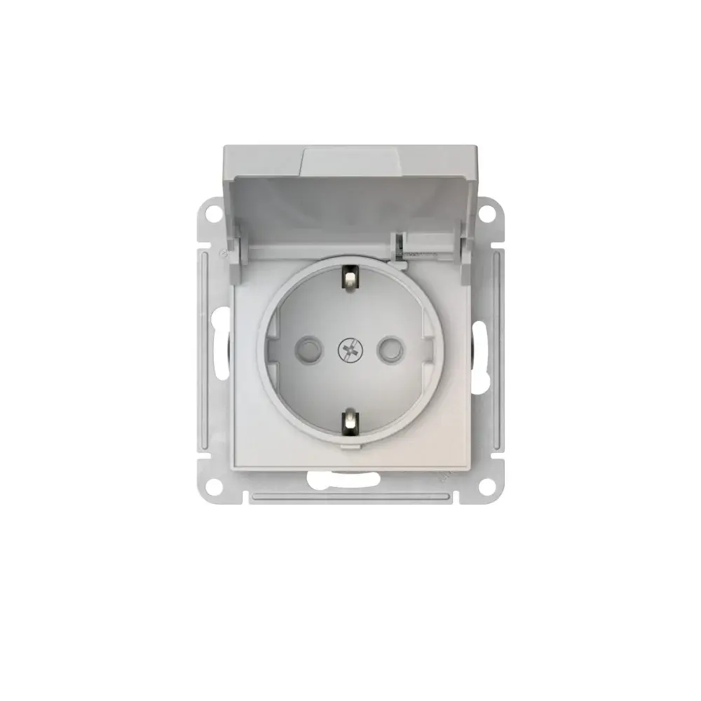 ATLASDESIGN РОЗЕТКА с заземлением со шторками с крышкой,16А,IP20, мех.,быстрозажим. клем., ЖЕМЧУГ