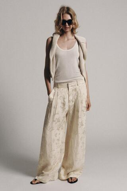 ZARA ЖАККАРДОВЫЕ БРЮКИ ИЗ СМЕСОВОГО ЛЬНА — ZW COLLECTION, ЭКРЮ