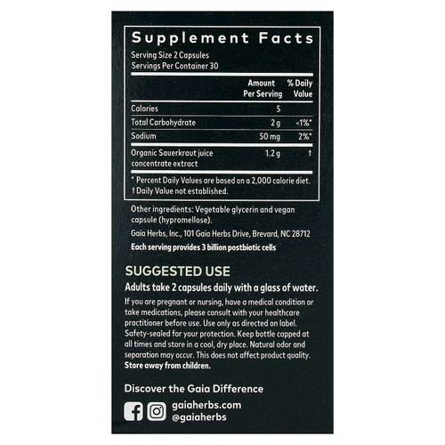 Gaia Herbs, постбиотик из квашеной капусты, 60 веганских капсул Liquid Phyto-Caps (600 мг в 1 капсуле)