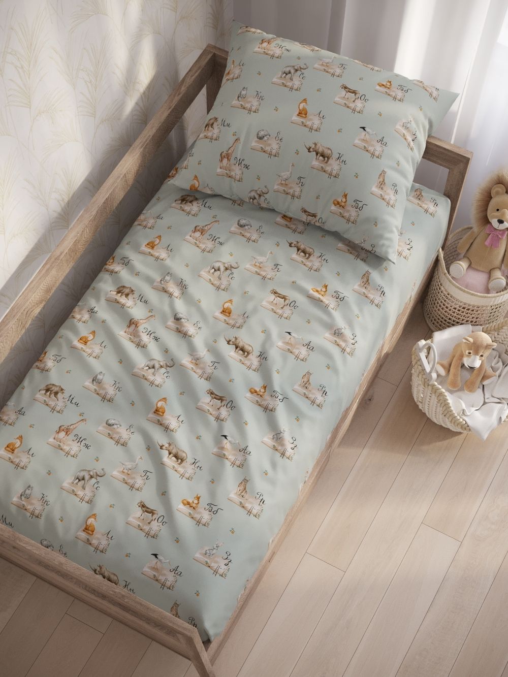 Постельное белье перкаль Сказка "ЗооАлфавит" 1,5-сп Наволочка 50х70 см 1 шт Простынь на резинке 90x200 см Пододеяльник 145x205 см