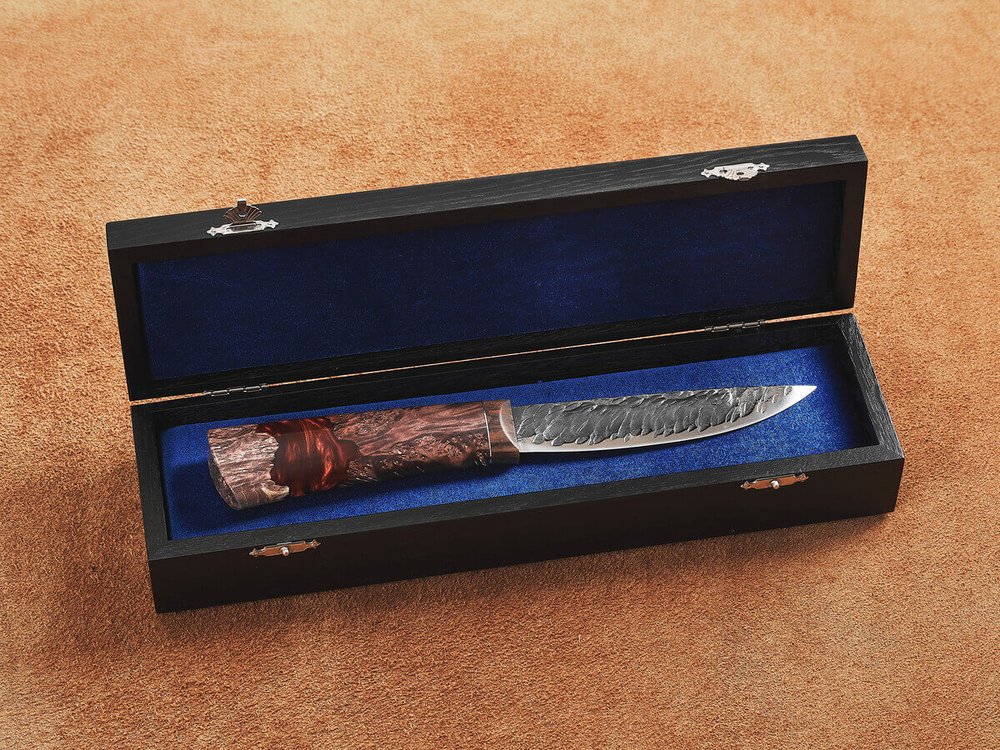 Якутский нож "Амга", сталь Х12МФ, рукоять коричневая стабилизированная карельская береза / акрил агат