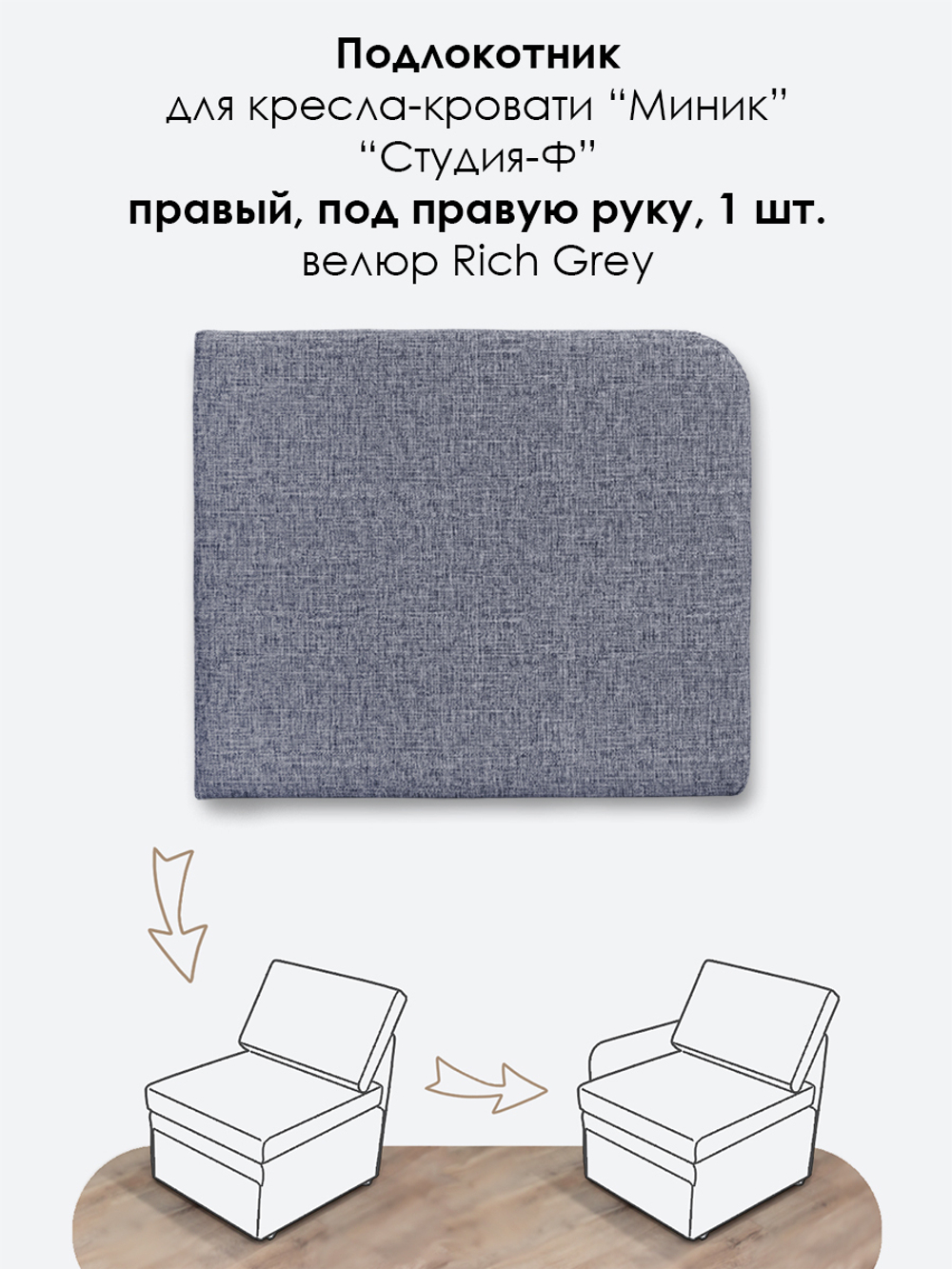 Подлокотник правый для кресла-кровати Миник, велюр Rich Grey, 1 шт (под правую руку)
