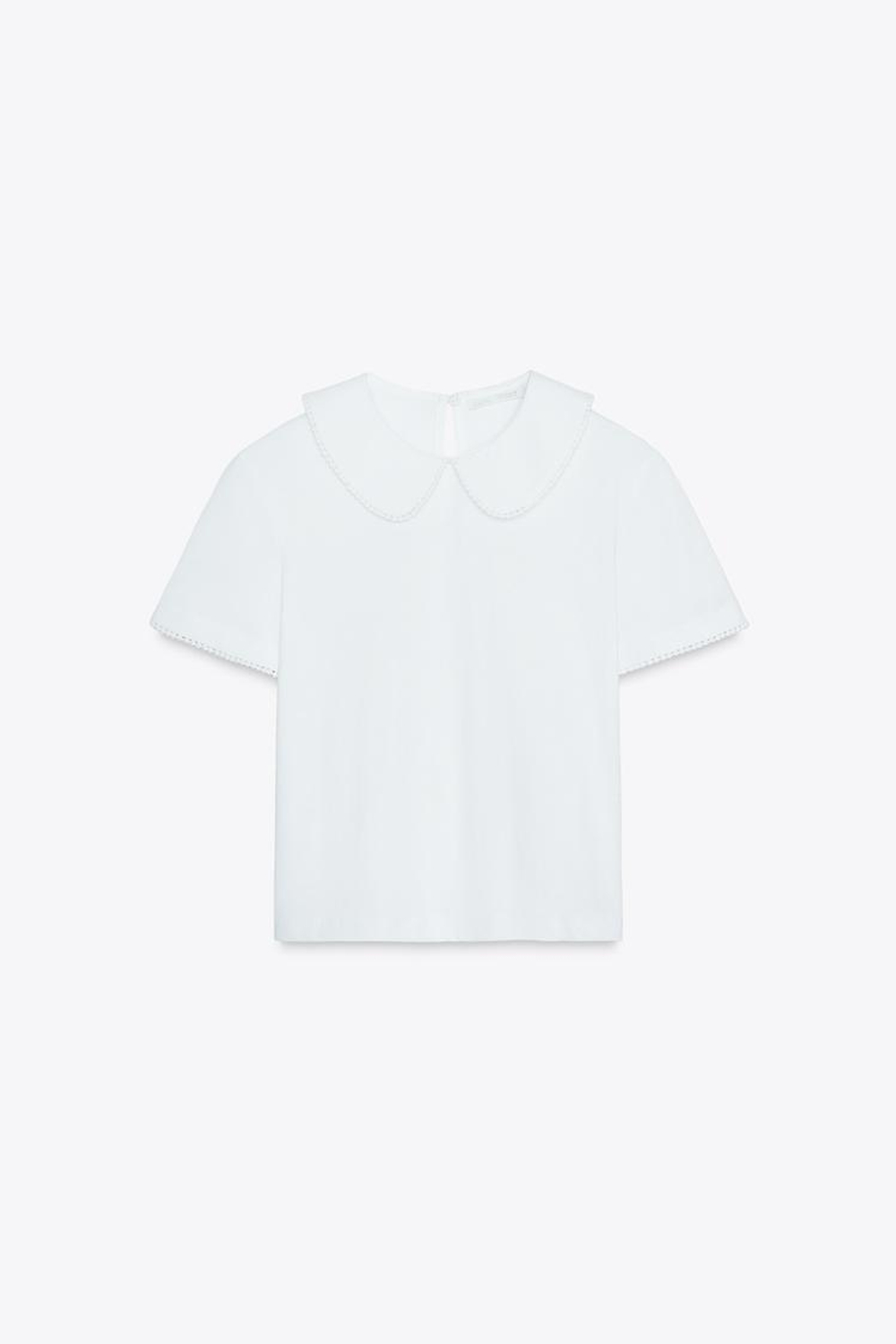 ZARA ФУТБОЛКА С КРУГЛЫМ ВОРОТНИКОМ, БЕЛЫЙ