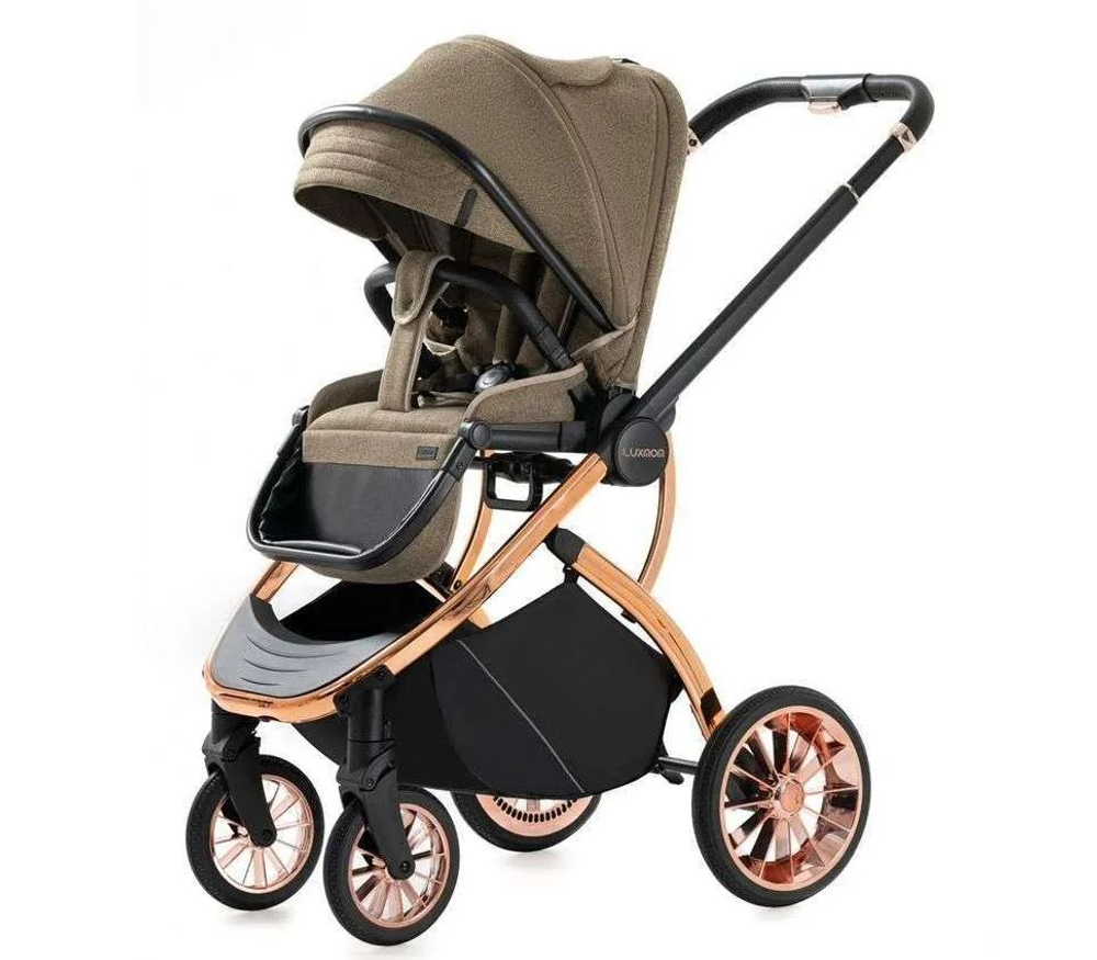 Коляска с выдвижной ручкой Luxmom 770, автолюлька /коричневый/золотая рама