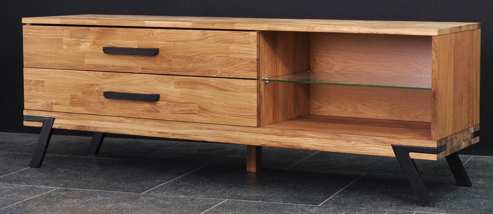 Тумба под телевизор, 160х42х55, Флеверс, с ящиками, напольная, из массива дуба с металлом, MAKOSA