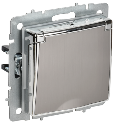 BRITE Розетка 1-местная с заземлением с защитными шторками и крышкой 16А IP44 РСбш10-3-44-БрГН металл хром/никель IEK
