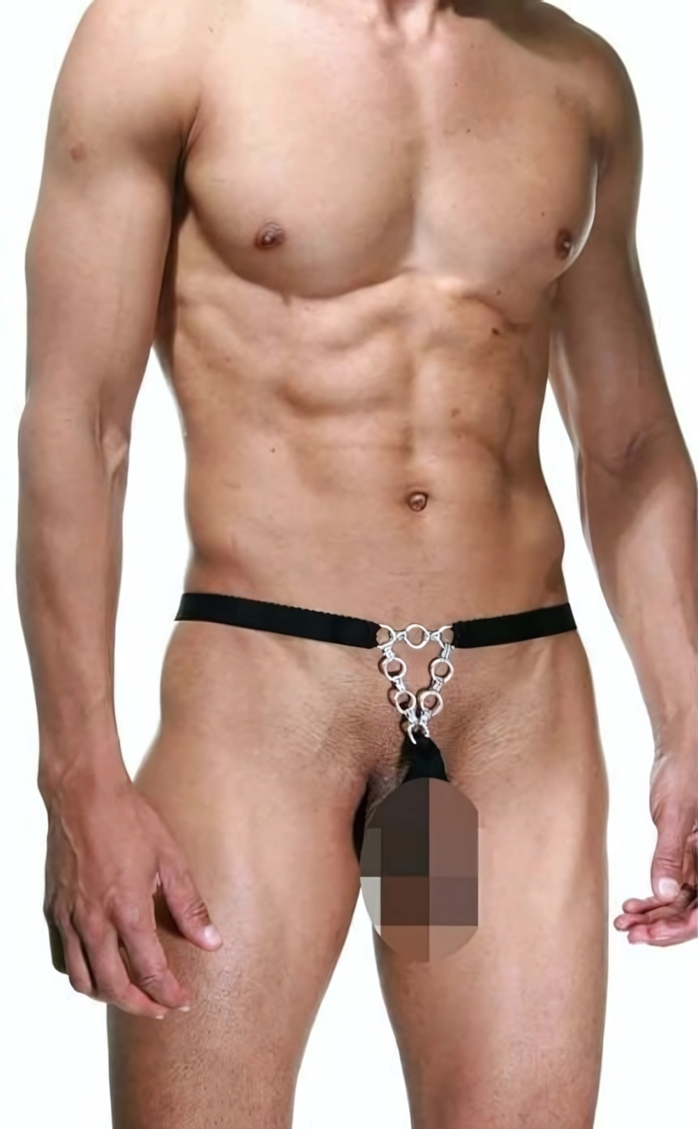 Пикантные мужские трусы-стринги с серебристыми кольцами (Размер: S-M) (Цвет: черный)