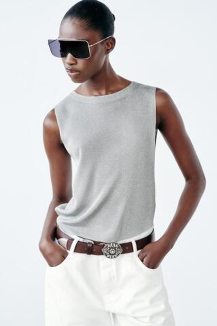 ZARA ОДНОТОННЫЙ ТРИКОТАЖНЫЙ ТОП С БЛЕСТЯЩЕЙ НИТЬЮ, СЕРЕБРИСТЫЙ