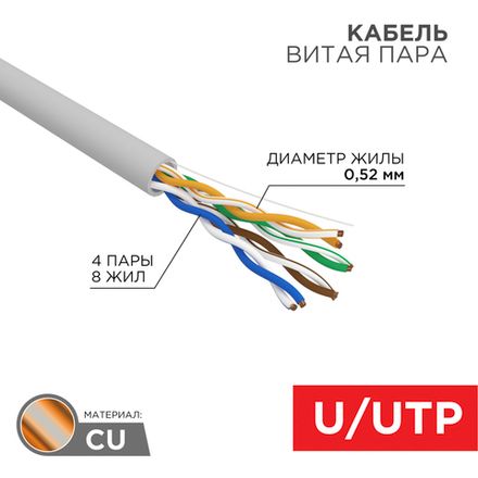 Кабель витая пара U/UTP, CAT 5e, PVC, 4х2х0,52 мм, 24AWG, внутренний, однопроволочный, серый, 305м R