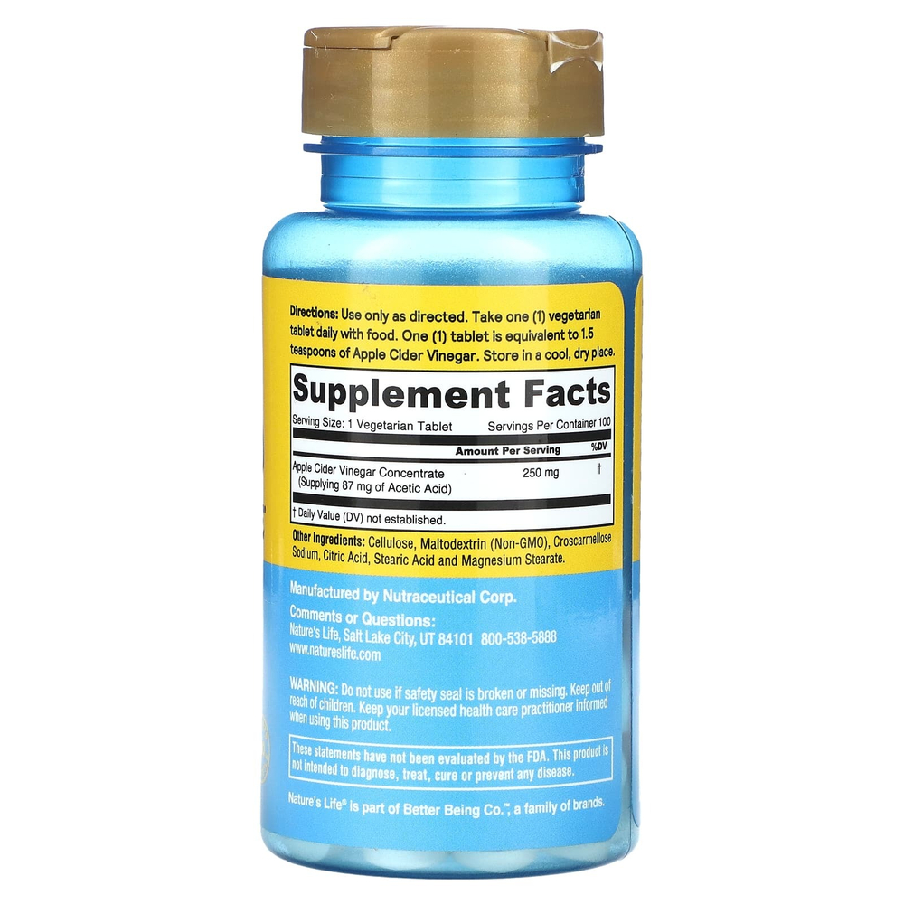 Nature's Life, Яблочный уксус, 250 мг, 100 таблеток