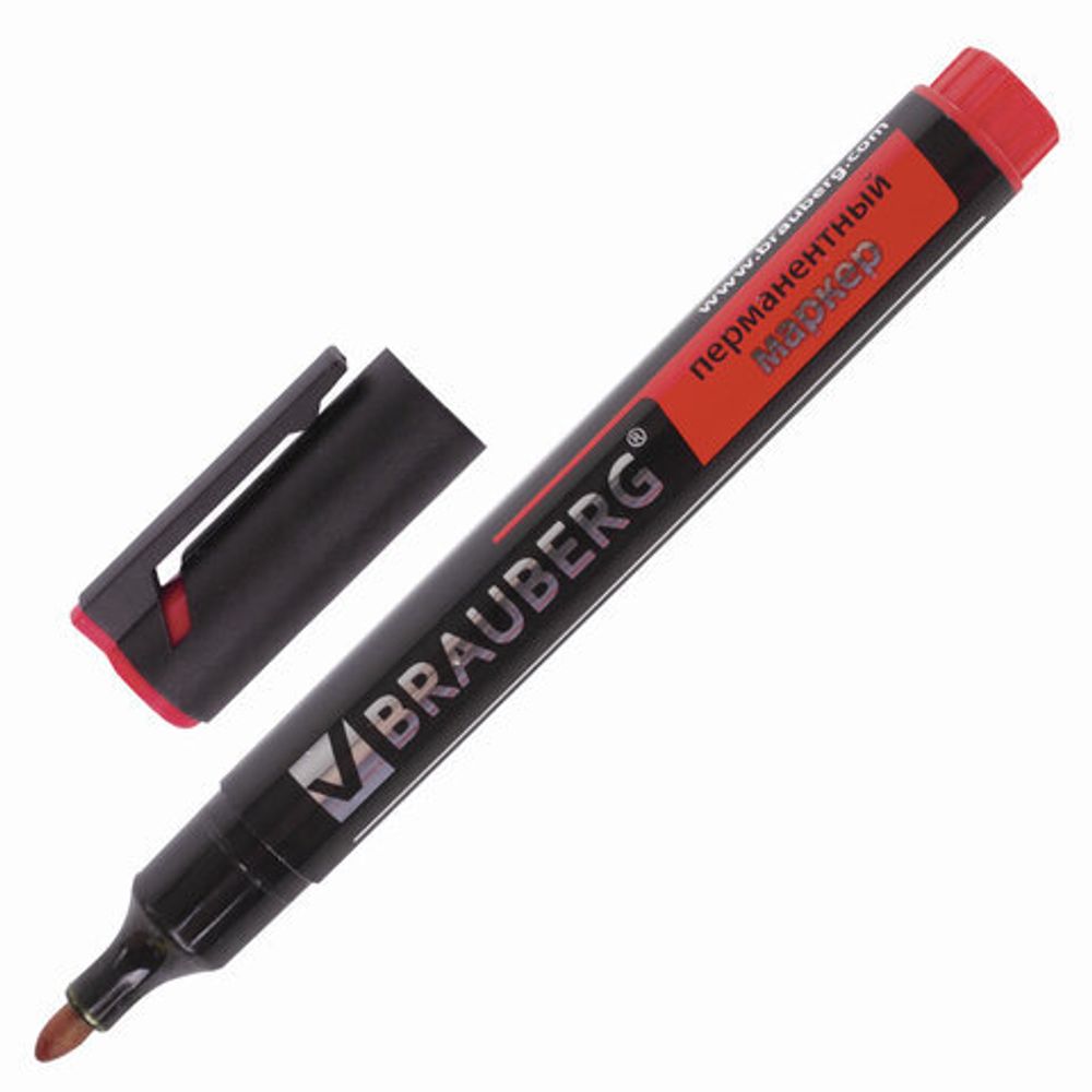 Маркер перманентный (нестираемый) BRAUBERG "Energy", КРАСНЫЙ, круглый наконечник, 3 мм, с клипом, 150477