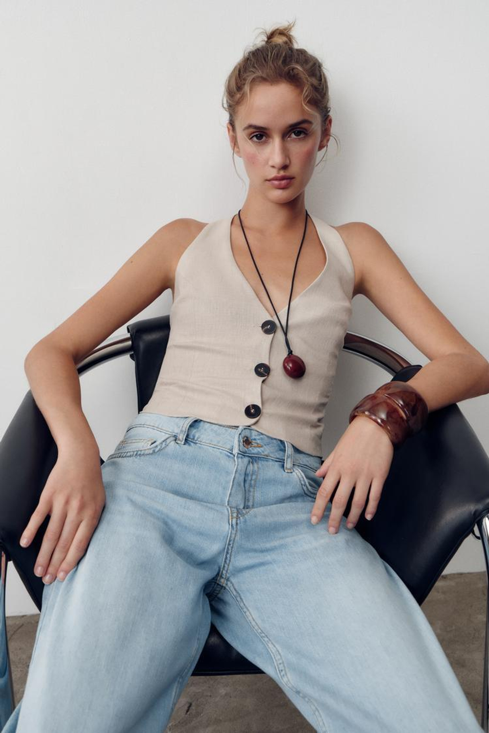 ZARA ТОП-ХАЛТЕР ИЗ ЛЬНА, ПЕСОЧНЫЙ