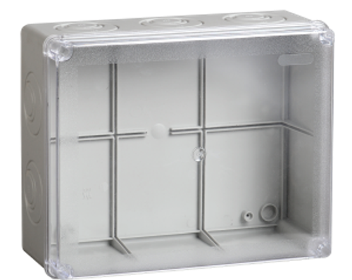 Коробка распаячная КМ41275 для открытой проводки безгалогенная (HF) 240х195х90мм с прозрачной крышко