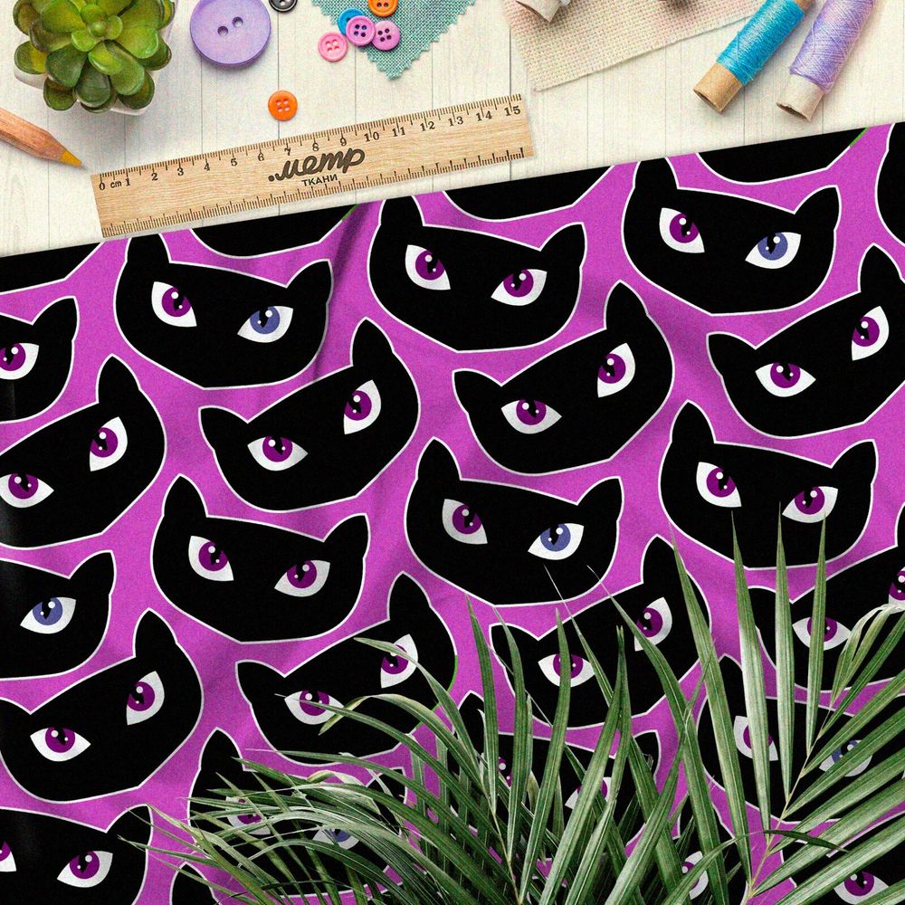 Ткань мембрана чёрные коты на розовой ткани