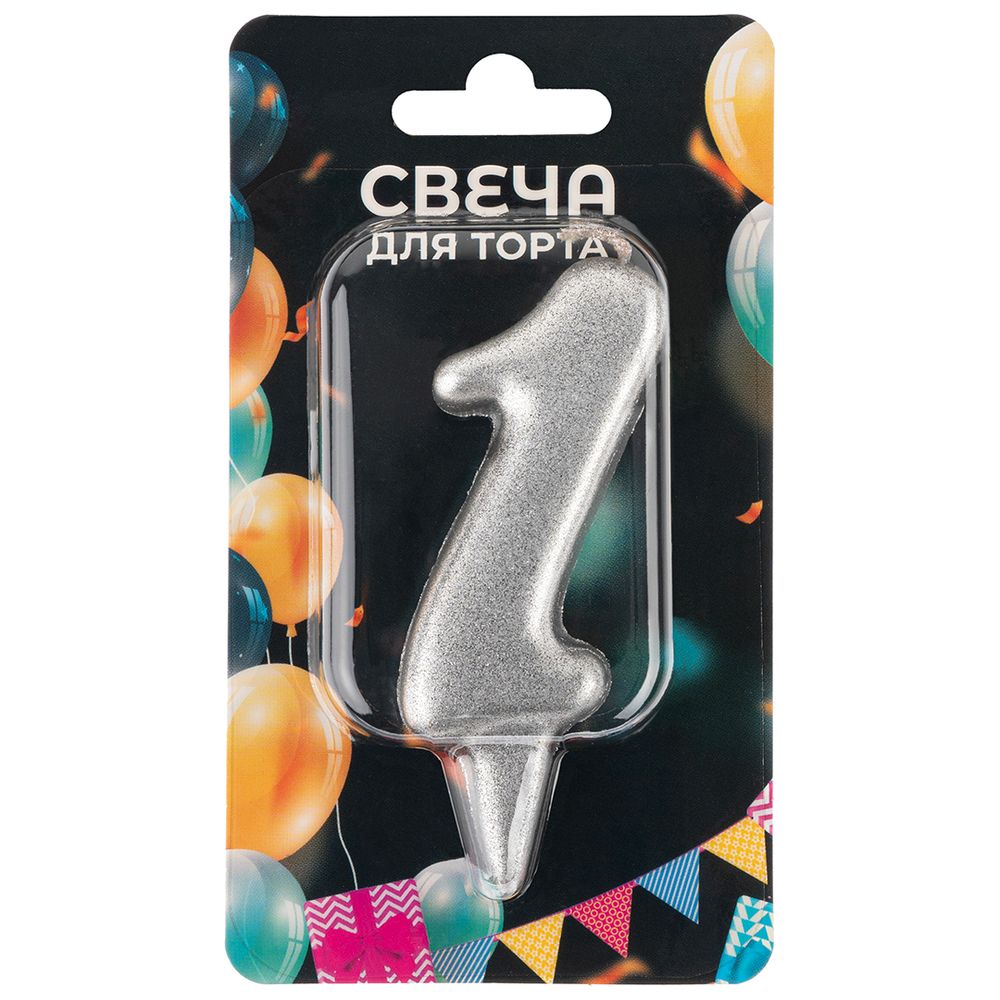 Свеча Цифра, 1 Овал, Серебро, Металлик, 7 см, 1 шт.